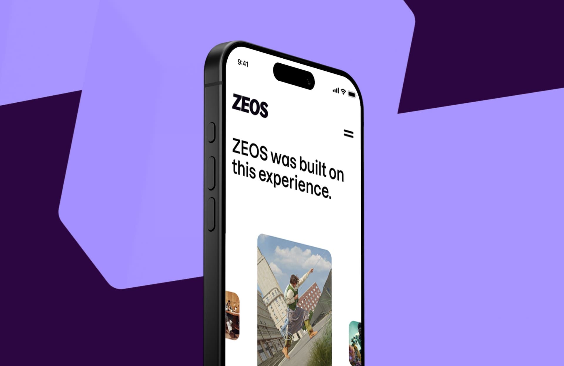 A smartphone with the ZEOS website on the screen, featuring bold text and a photo of a person jumping in an urban setting, against a purple background